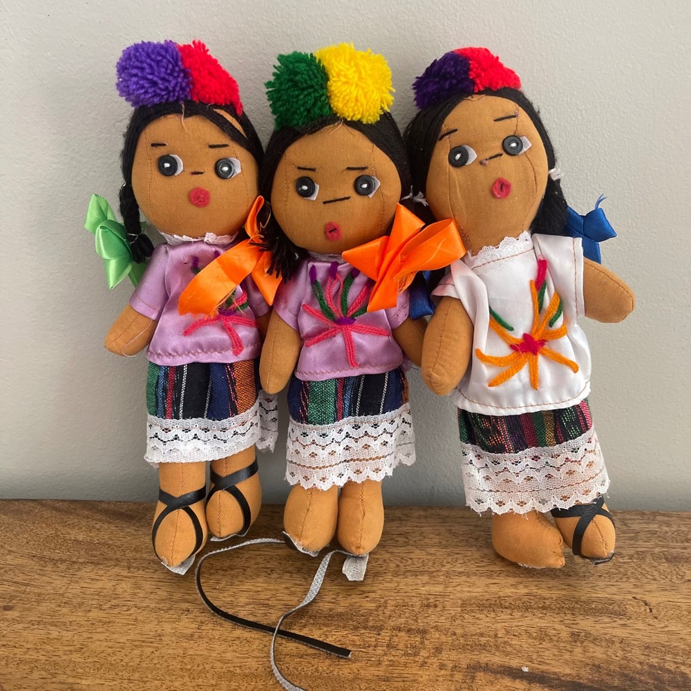 Multi Color Mexican Folk Art Cloth Dolls Set of 3